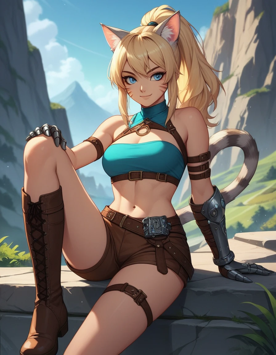 score_9,score_8_up,score_7_up, score_6_up, score_5_up,source_anime, human, Kat, blue eyes, black whisker marks on face, grey cat ears, blonde hair, hair in ponytail, wearing blue bandeau, brown shorts, leather gauntlets, leather straps and adventuring gear, leather boots,big smile, on a mountain pass trail,