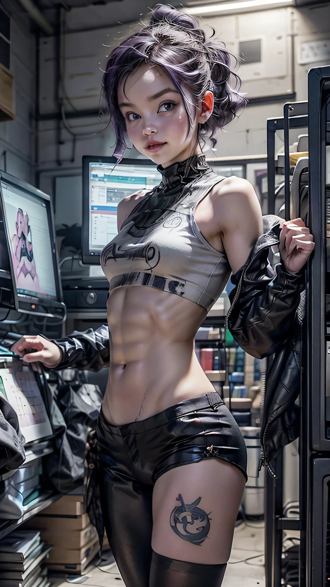 A hot cute young woman dressed in sexy cyberpunk clothes, facing camera, a little smile, standing in front of a wall of computers, intricate designs, Smokey room, Celtic tribal tattoos, ((purple iris, flat chested, toned abs, baby face)), (intense colors), undercut purple hair with ponytail, cyberpunk background, dressed in cyberpunk clothes, cameltoe showing, pussy lips