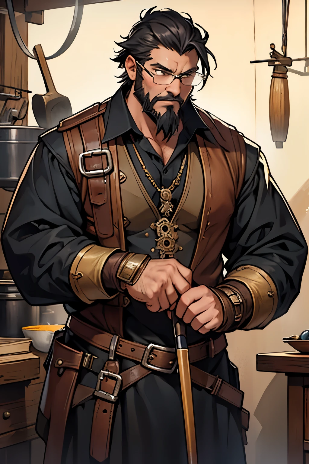 Middle aged steampunk master blacksmith with medium black beard and short hair intently forging a hammer wearing vintage multi-lens glasses