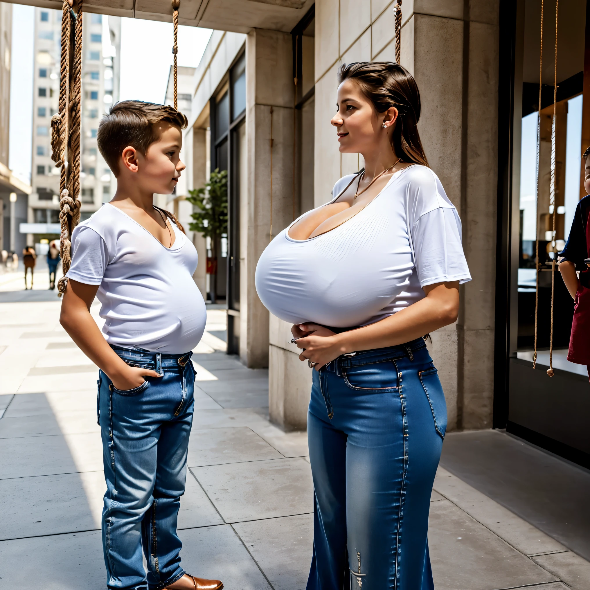 stock photo, extremely high quality, 8k, European lady (((whole body in picture))), 28yo attractive elegant office lady, Eleonora Pavinat, (((talking to a  boy))), the woman has wide hips, sportive figure, very long hair, cozy, casual, film grain, analog, (gigantic saggy oversized low hanging breasts:1.7), medium belly, white t-shirt, denim trousers, high heels, (((talking to a little), both persons standing in a modern city, both persons shown from the side.