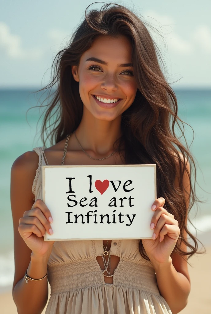 Beautiful girl with wavy long hair, bohemian dress, holding a white board with text "I Love Seaart Infinity" and showing it to the viewer