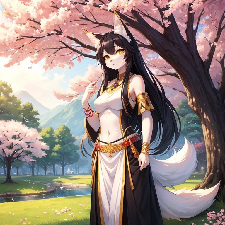 Masterpiece, best quality, high quality, 1Kitsune anthro girl, Solo, Blue and White fur on her body, has Long Black hair, slim body, Anthro Kitsune, has Yellow eyes, happy expression, has tribal tatoo on her arm, 18 years old, standing, Park Landscape, wears feudal sacerdotist costume, has 6Kitsune fox tail, Anatomically Correct, japanese landscape, Tori in the background, Cherry Flower trees in the park, Flower petals flows in the air, sunny day