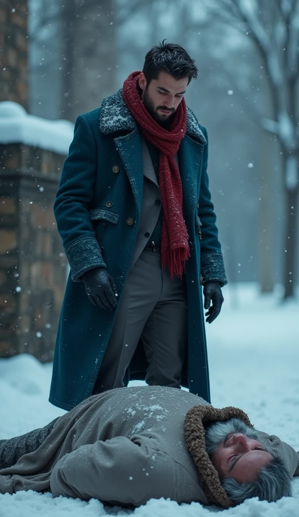a 21-year-old young rich man with a small beard and big mustache wearing a very lush bluish pent coat and a red muffler, standing outside the mansion boundary, looking down sorrowfully at the lifeless body of An extremely poor 70-year-old man with black oil marks on his dirty face and unmaintained beard, hair and nails are very dirty wearing a torn plain single grey shirt that barely covers his body, lying in the snow, scene is dark and somber with continued heavy snowfall.