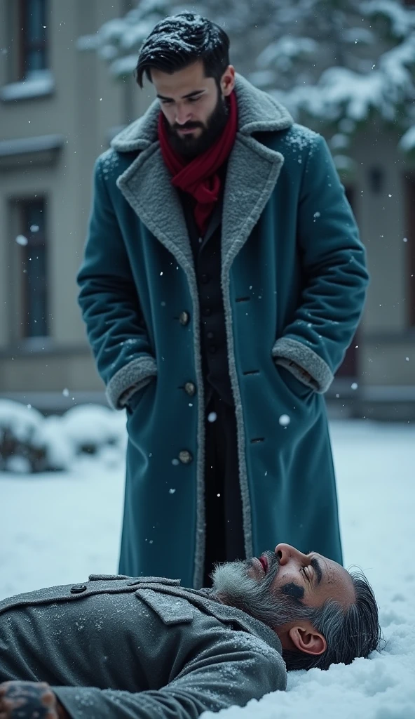 a 21-year-old young rich man with a small beard and big mustache wearing a very lush bluish pent coat and a red muffler, standing outside the mansion boundary, looking down sorrowfully at the lifeless body of An extremely poor 70-year-old man with black oil marks on his dirty face and unmaintained beard, hair and nails are very dirty wearing a torn plain single grey shirt that barely covers his body, lying in the snow, scene is dark and somber with continued heavy snowfall.