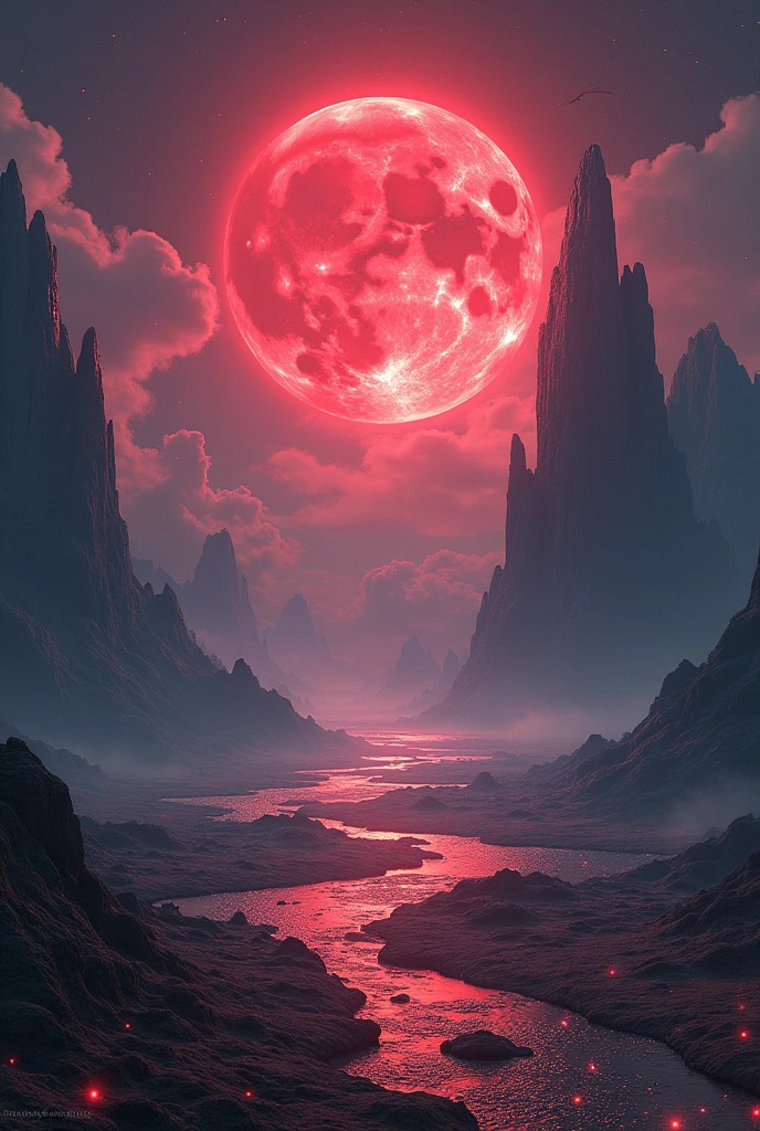 Flat world with magic visible in the air around it with a red moon in the background.
