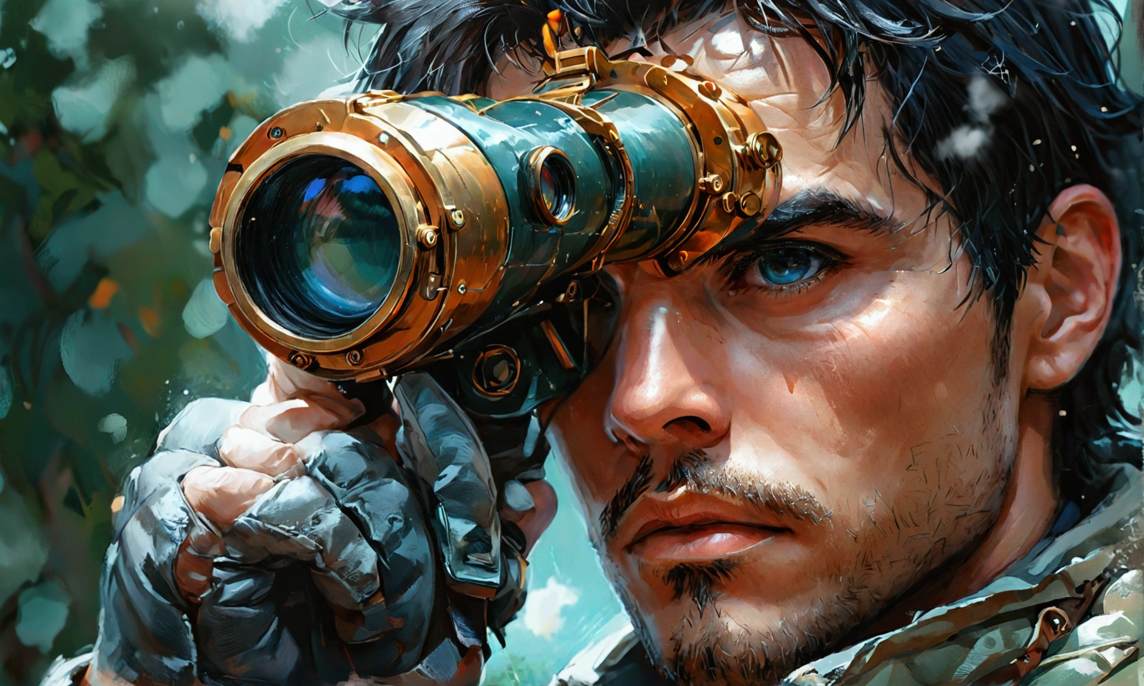 A MAN WITH BINOCULARS,manga style art,manga style art,manga style art,manga style art