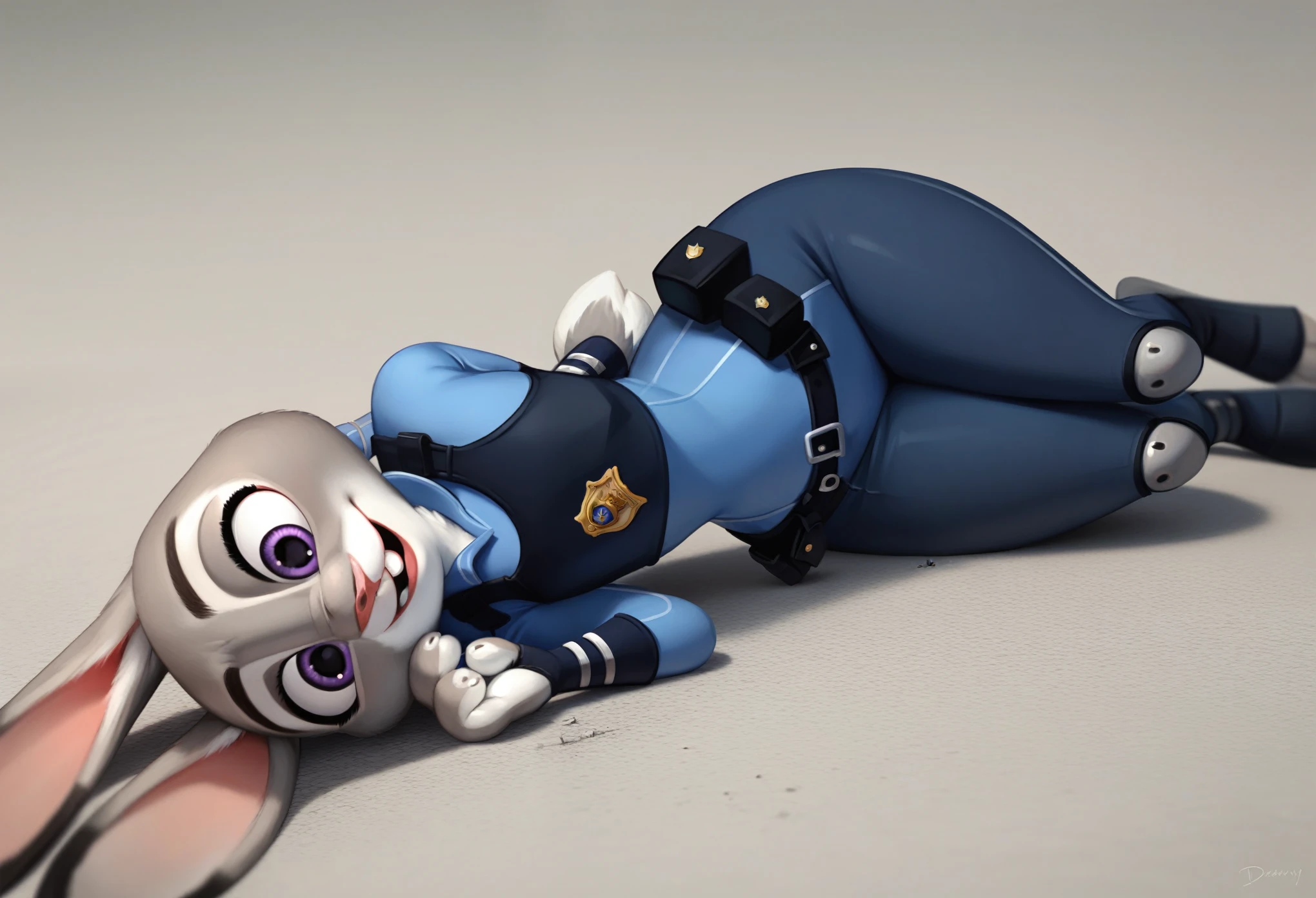 DUO, By disney pixar, 3d, duo, by qupostuv35, ((Macro judy hopps, lying down)), ((female)), zootopia, ((Police uniform)), thigh crushing, (break, size difference (micro bunny between Judy's thighs)), judy's thighs