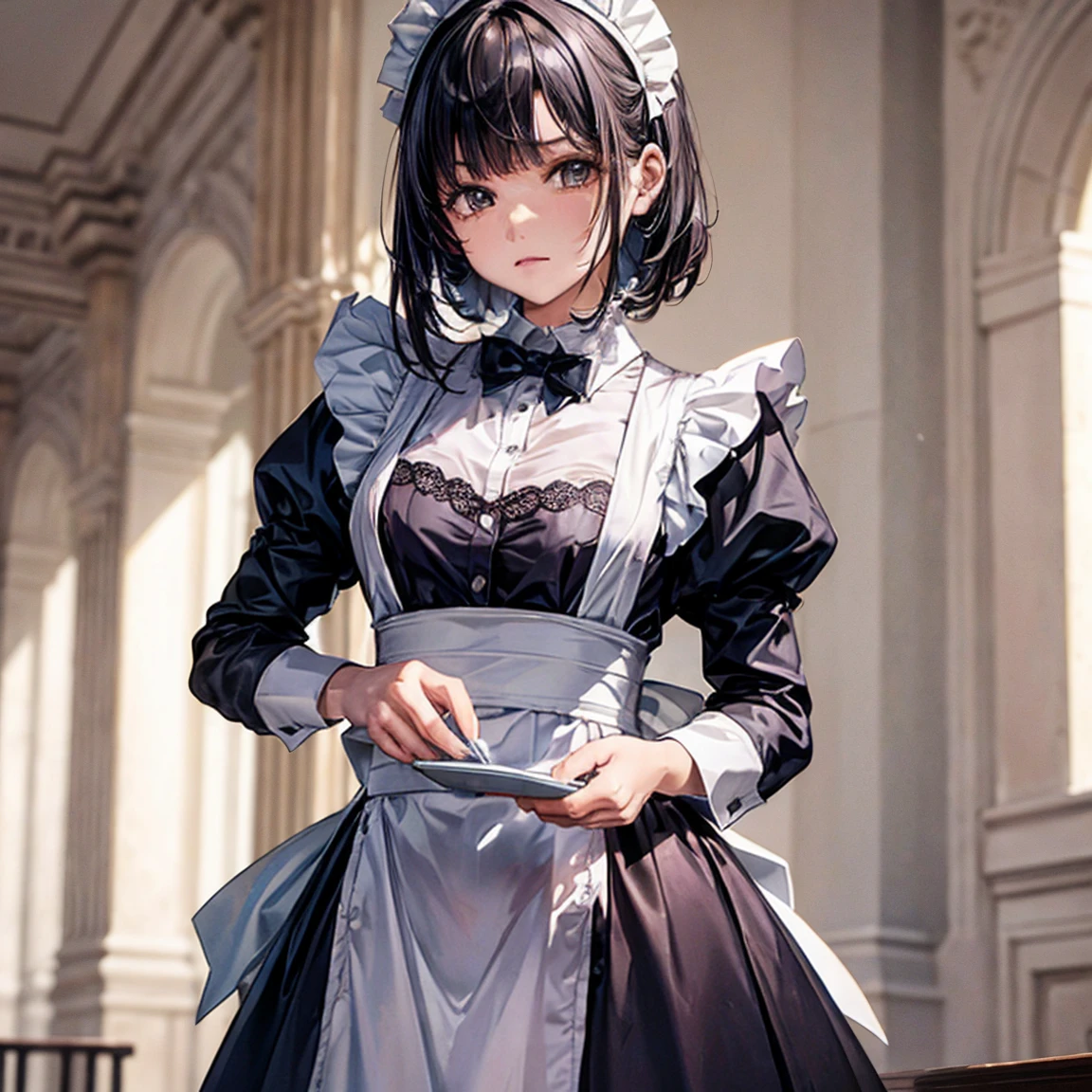 A woman is wearing a maid&#39;s uniform and standing backwards on the floor, alone, ((Stick your ass out here)), (shiny dark pink satin panties:1.3), Lift the hem of your skirt with both hands and flip it up, Punishing