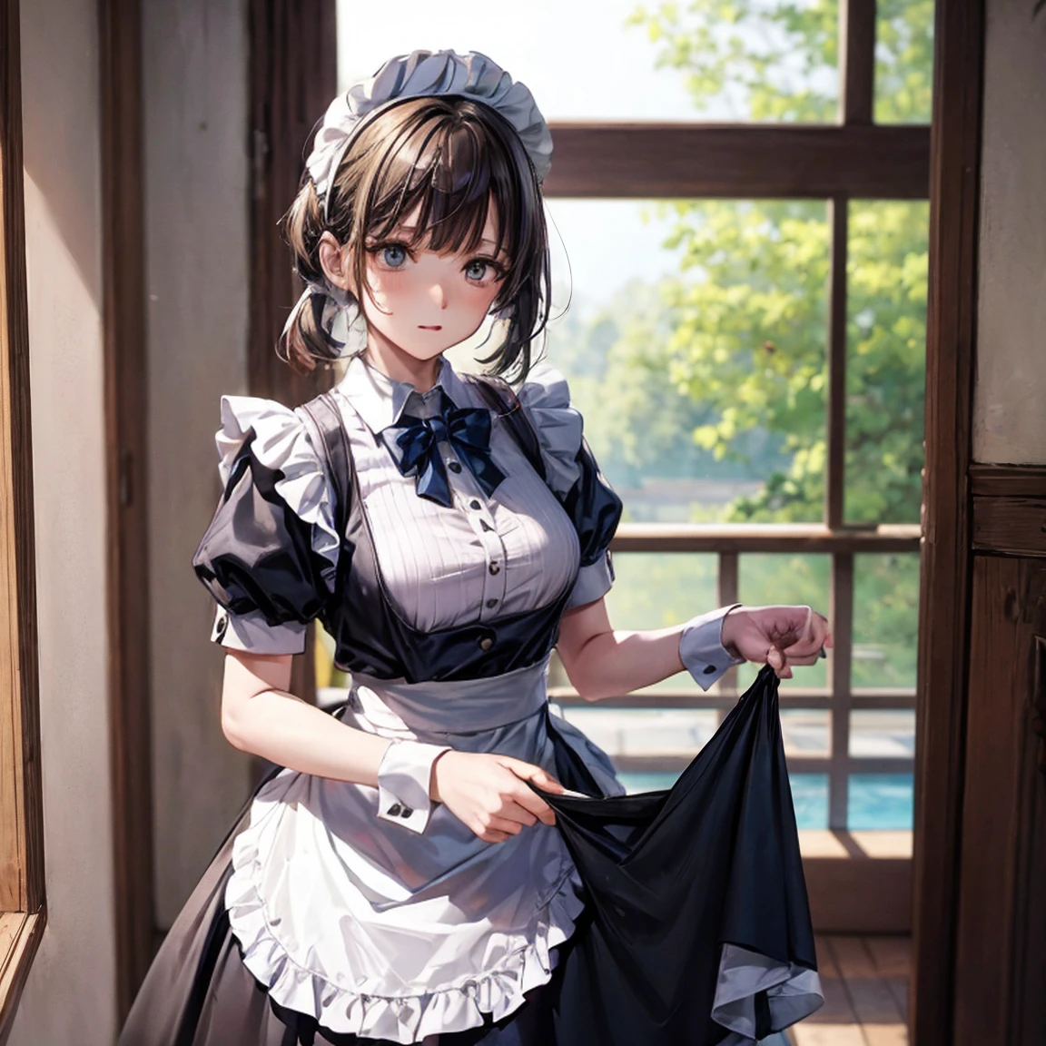 A woman is wearing a maid's uniform and standing backwards on the floor, alone, ((Stick your ass out here)), (shiny dark pink satin panties:1.3), Lift the hem of your skirt with both hands and flip it up, Punishing