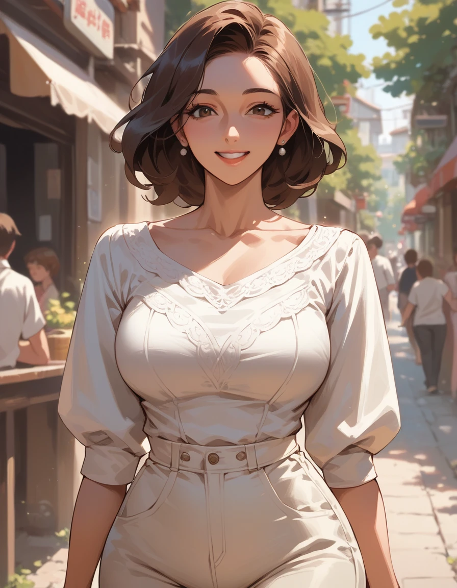 score_9, score_8_up, score_7_up, source_anime, 1girl, mature female 39 years old, mother curvy, wide hips, smile, tight beige pants, white blouse, standing, half body view, brown medium length hair, 