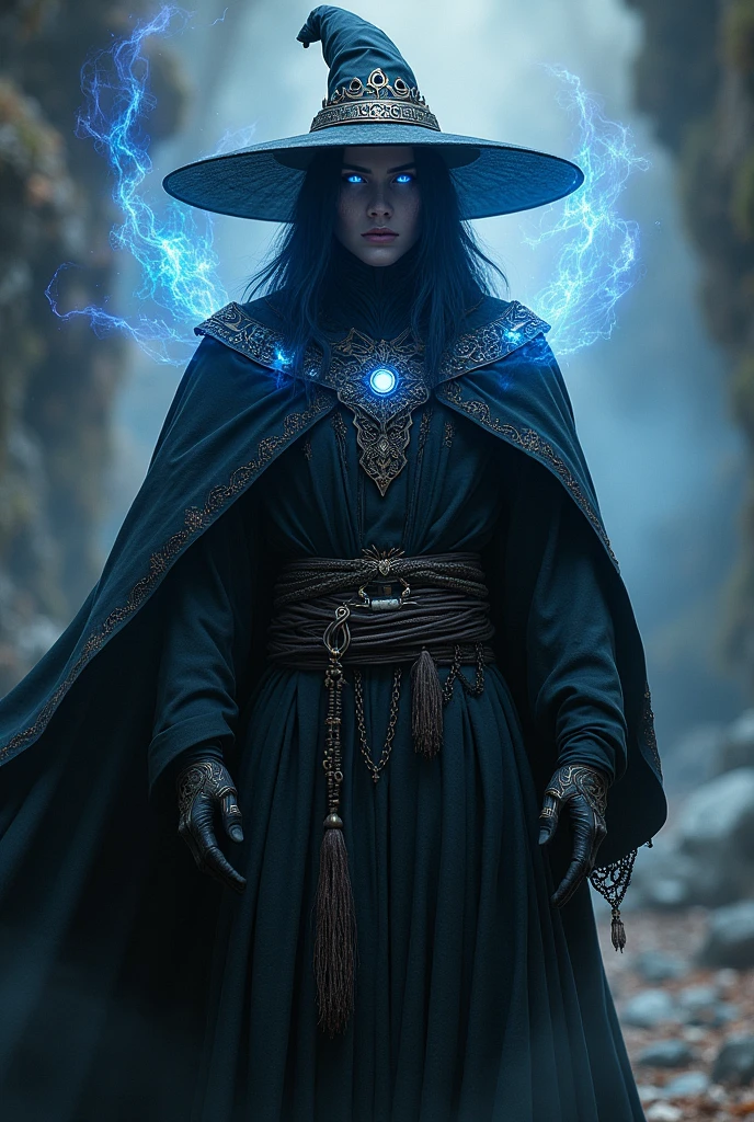 Human wizard with vibrant blue eyes, black robe, Big hat,