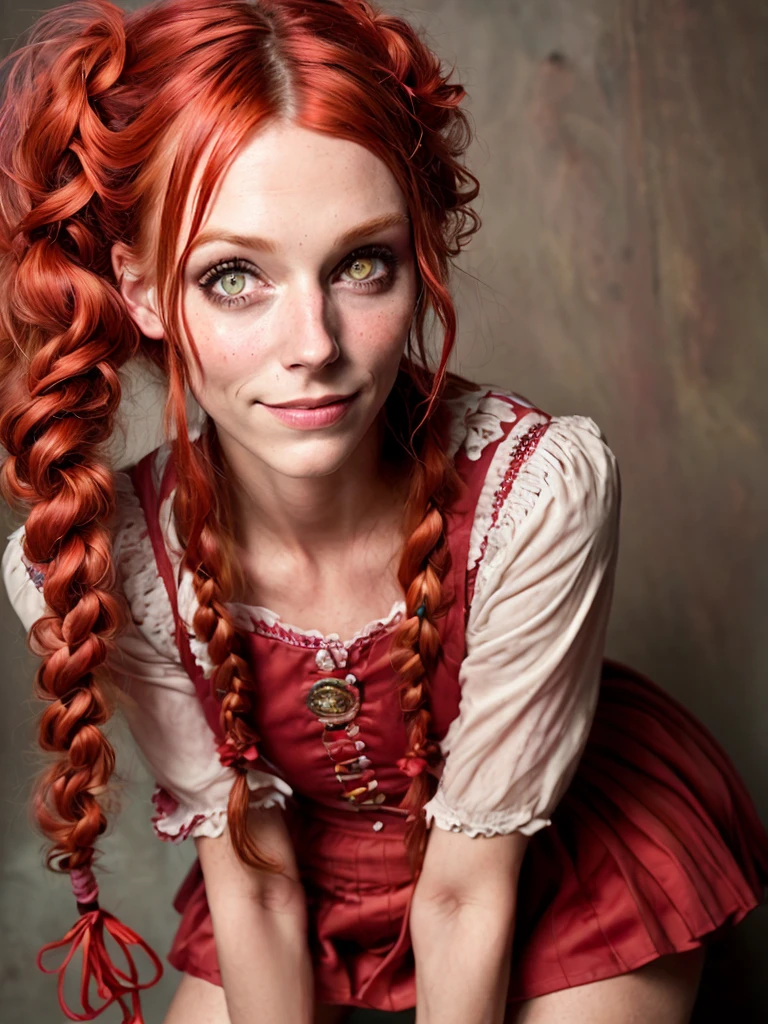 Ultra detailed image of 30 years old Pippi Longstocking, keira, long red messy and braided hair, sexy, sloppy look, short skirt, in dinamic, smiling, vivid colors, intricate details of her beautiful eyes and perfect face, rim light.,very long eyelashes, pink shiny lipgloss, 