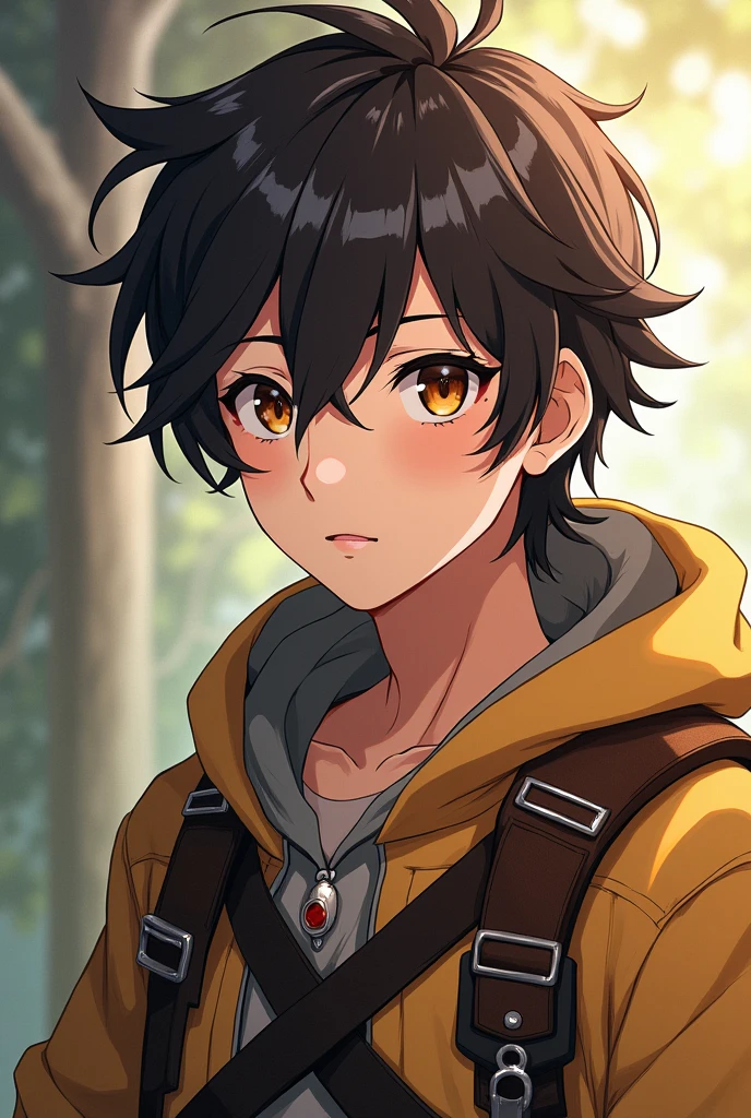 "Design of an anime character inspired by Haruhiro's style, but with distinct characteristics. The character must be a young male with a slim body, wearing adventurer clothes, including a tunic, belt and boots. Your hair should be medium length., slightly disheveled and dark brown. He must have expressive eyes, also brown, with a calm expression, mas determinada. Clothing should include robust elements, like gloves or a cape, but avoid direct copies of Haruhiro's design.
Create a visually interesting background, but not overly detailed, so that the character's face is the main focus point. The background should complement and highlight the character without distracting attention.."
---