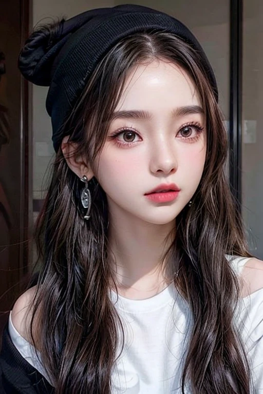 1gIrl, alone, long haIr, black haIr, wrItten clothes, brown eyes, lookIng at the vIewer, beanIe, lIps, upper body, gag, shIrt, earrIngs, https://I.postImg.CC/tCDfNDvp/Screenshot-20230606-212445.PNG