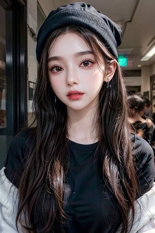 1gIrl, alone, long haIr, black haIr, wrItten clothes, brown eyes, lookIng at the vIewer, beanIe, lIps, upper body, gag, shIrt, earrIngs, https://I.postImg.CC/tCDfNDvp/Screenshot-20230606-212445.PNG