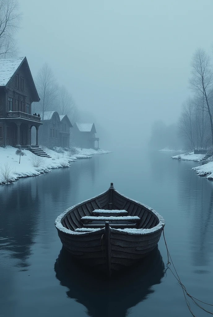 Background with a large round winter lake and an empty boat , facing the screen , in the background are carved houses like in ancient Rus&#39; with people on balconies with fog and dark sky 