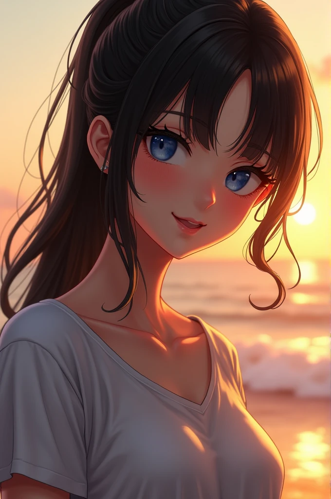 (best quality,4k,8k,highres,masterpiece:1.2), ultra-detailed, realistic, photorealistic:1.37, beautiful detailed eyes, beautiful detailed lips, joyful expression, extremely detailed face, long eyelashes, intimate view, slender, soft lighting, vibrant colors, sensual atmosphere, intimate moment, timid expression, perky, ponytail hairstyle, black hair, blue eyes, flawless skin texture, gentle breeze, slight smile, oversized t-shirt, on a beach, sunset