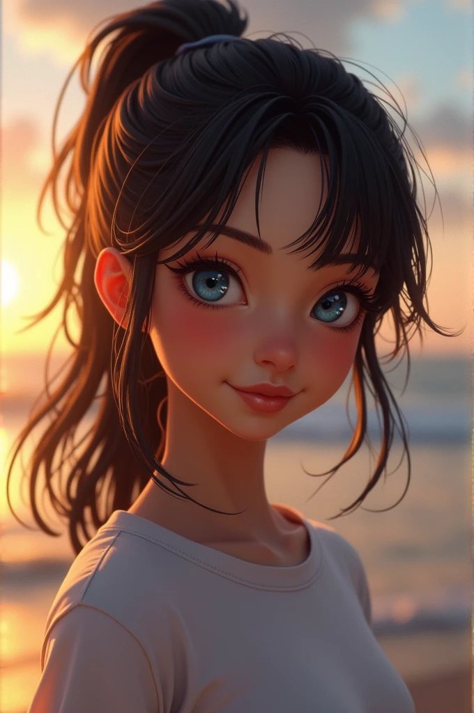 (best quality,4k,8k,highres,masterpiece:1.2), ultra-detailed, realistic, photorealistic:1.37, beautiful detailed eyes, beautiful detailed lips, joyful expression, extremely detailed face, long eyelashes, intimate view, slender, soft lighting, vibrant colors, sensual atmosphere, intimate moment, timid expression, perky, ponytail hairstyle, black hair, blue eyes, flawless skin texture, gentle breeze, slight smile, oversized t-shirt, on a beach, sunset