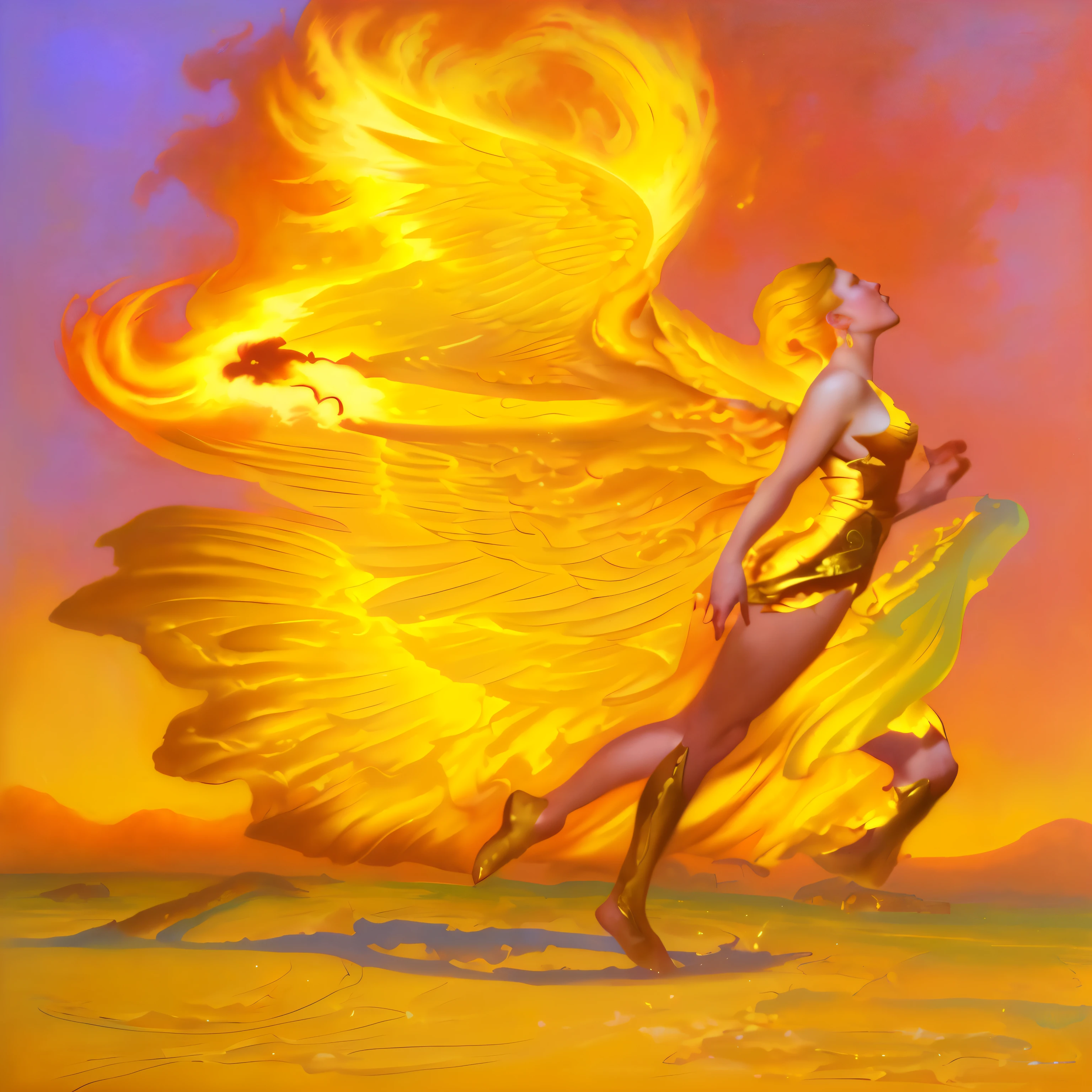 painting of a woman in a bathing suit running on rocks, inspired by Carl Heinrich Bloch, mystical oil on linen, with fiery golden wings of flame, by Donato Giancola, by tom bagshaw and boris vallejo, inspired by Donato Giancola, inspired by Boris Vallejo, inspired in donato giancola, inspired by Christophe Vacher