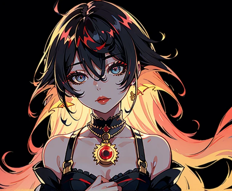 1girl in, solo, Jewelry, black hair, necklace, red-lips, Long hair, covered eyes, lipstick, makeup, upper-body, closed mouth, black dress, hair above one eye, clavicle, Dress,black theme,bad-girl, large breasts,sparkly skin,(mature female),chic, Snthwve style, nvinkpunk Close-up portrait of a face (((sks person))), Smooth soft skin, big dreamy eyes, Beautiful intricate dyed hair, Symmetrical, anime wide eyes, soft-lighting, Detailed Face, makoto sinkai, by stanley artgerm lau, WLOP, rossdraws, Concept art, Digital Painting, looking up at the camera