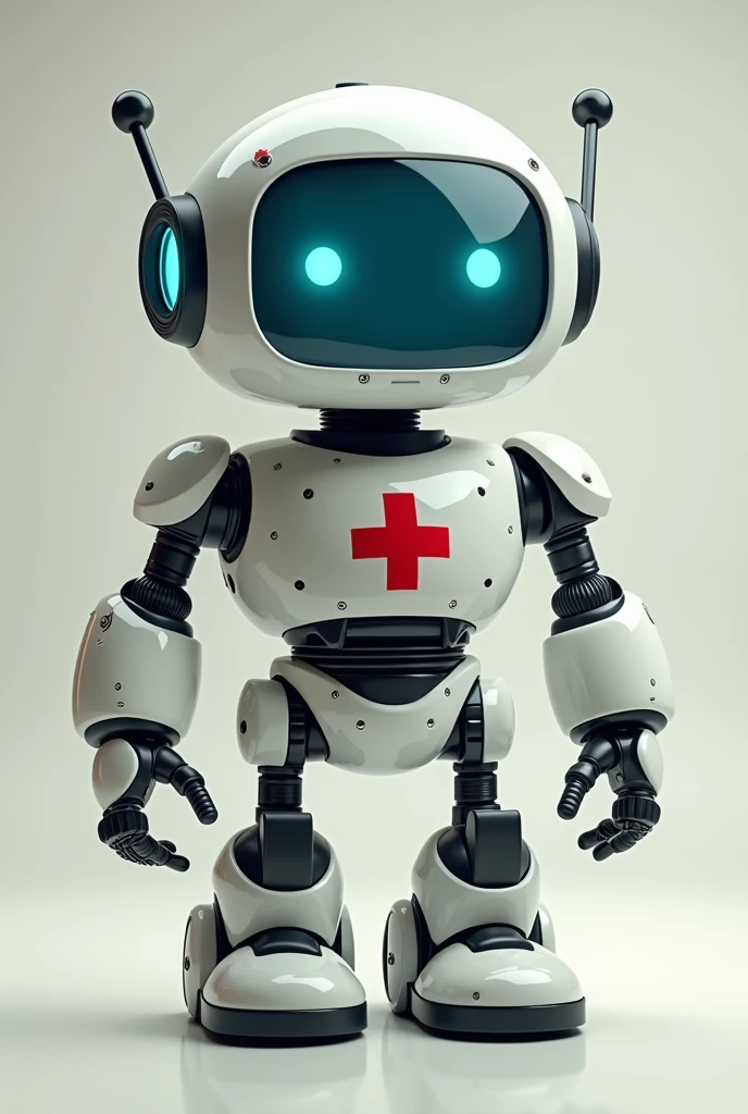 Chubby little friendly robot with a medical cross on his medicine chest