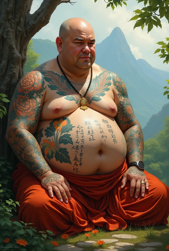 A fat monk, with thinning hair, covered in tattoos all over his body.