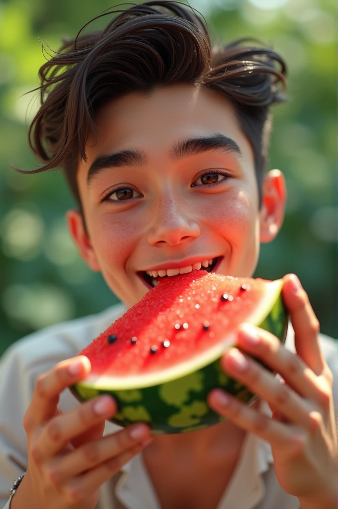 Handsome young man with a slice of watermelon 