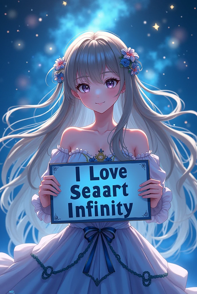 An anime  girl with wavy long hair,  dress, with text "I Love Seaart Infinity" and showing it to the viewer, night background 
