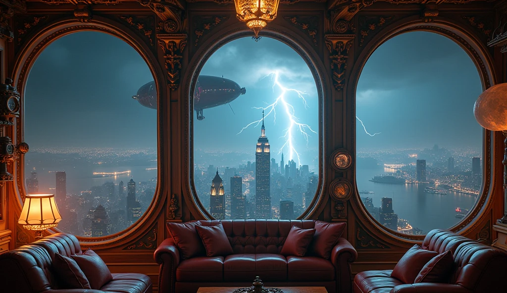 a floating airship interior, view of a futuristic megacity skyline at night, (best quality, 8k, masterpiece, ultra-detailed), fantasy, storybook style, (photorealistic, cinematic, dramatic lighting), thick fog, intense lightning
