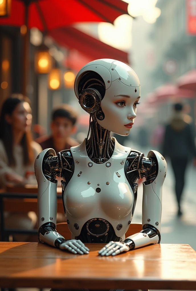 A female robot sits at a table in a street cafe, Best quality, high quality, absurdity, happiness, masterpiece, Beautiful, complex parts, 1/2 body trimmings, slender body, Beautiful figure, Magnificent Anatomy, (complex parts:1.12), HDR, (complex parts, hyperdetailing:1.15), (natural skin textures, hyperrealistic, soft light, spicy:1.2)