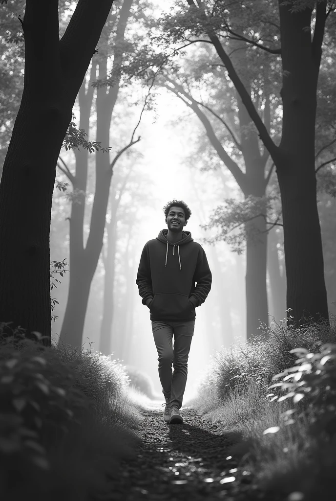 Make a black and white image of a young man happy to live and who walks backwards through a forest full of beautiful trees without any worries 