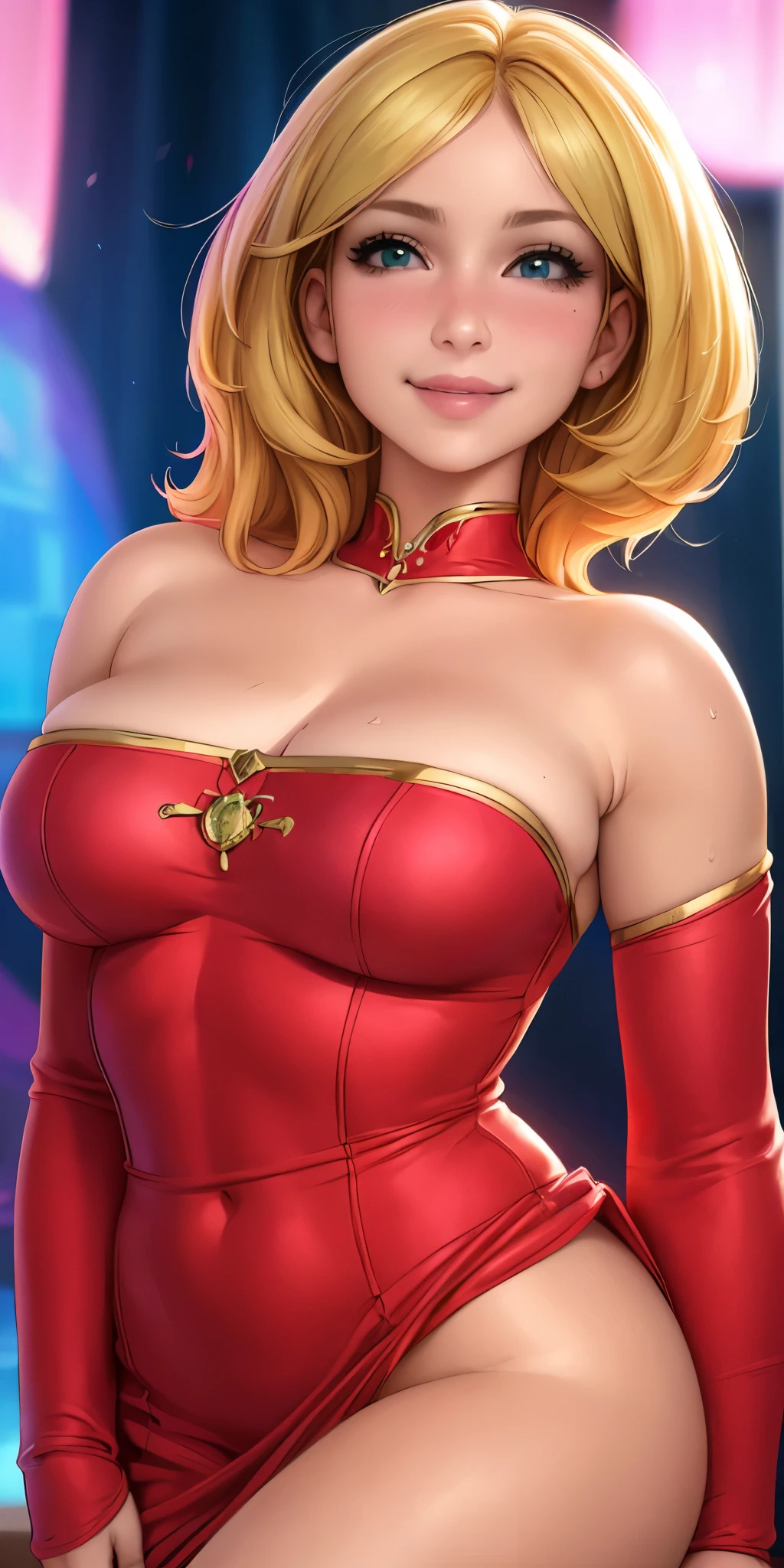 (best quality, ultra-detailed, photorealistic: 1.39), bright and vibrant colors, studio lighting, romantic expression, big breasts, pink lips, shy smile, just a blonde girl in a Red strapless dress with long sleeves and flowers