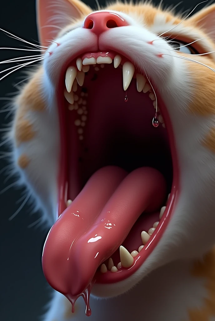 Close-up of a feline anthro character with cat ears, focusing on the interior of her mouth. Her mouth is open wide, revealing sharp teeth and a glistening, wet tongue. The saliva is thick and glossy, pooling at the corners of her mouth. The view includes the back of her throat, showing the warm, fleshy textures and the start of her esophagus. The scene should emphasize the wetness and texture inside her mouth, with a glossy sheen on the surfaces. Her fur around the mouth is slightly damp, and the background is a blurred, dark gradient to keep the focus on the detailed interior of her mouth and throat