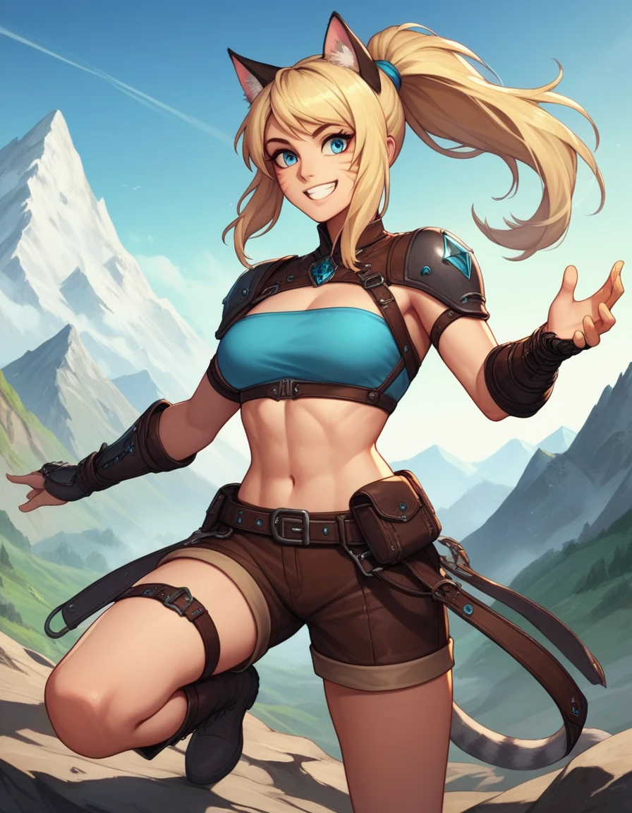 score_9,score_8_up,score_7_up, score_6_up, score_5_up,source_anime, human, Kat, blue eyes, black whisker marks on face, grey cat ears, blonde hair, hair in ponytail, wearing blue bandeau, brown shorts, leather gauntlets, leather straps and adventuring gear, leather boots,big smile, on a mountain pass trail, epic pose, on a mountain