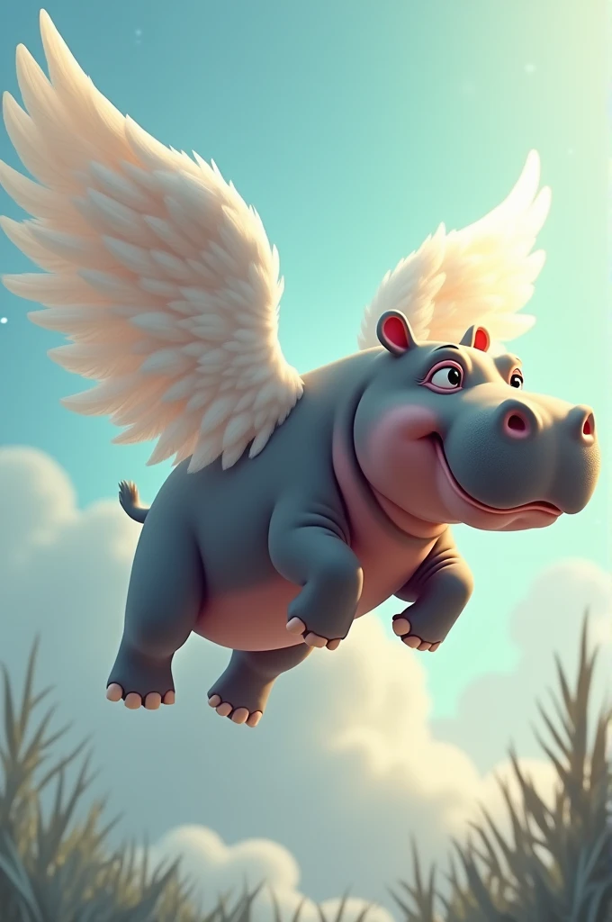 Create a flying hippo with angel wings.