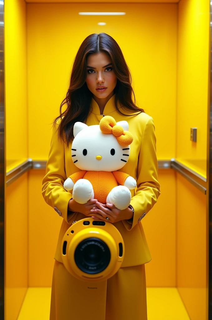 Bella Hadid holding a Hello Kitty in a yellow elevator and beautiful round camera