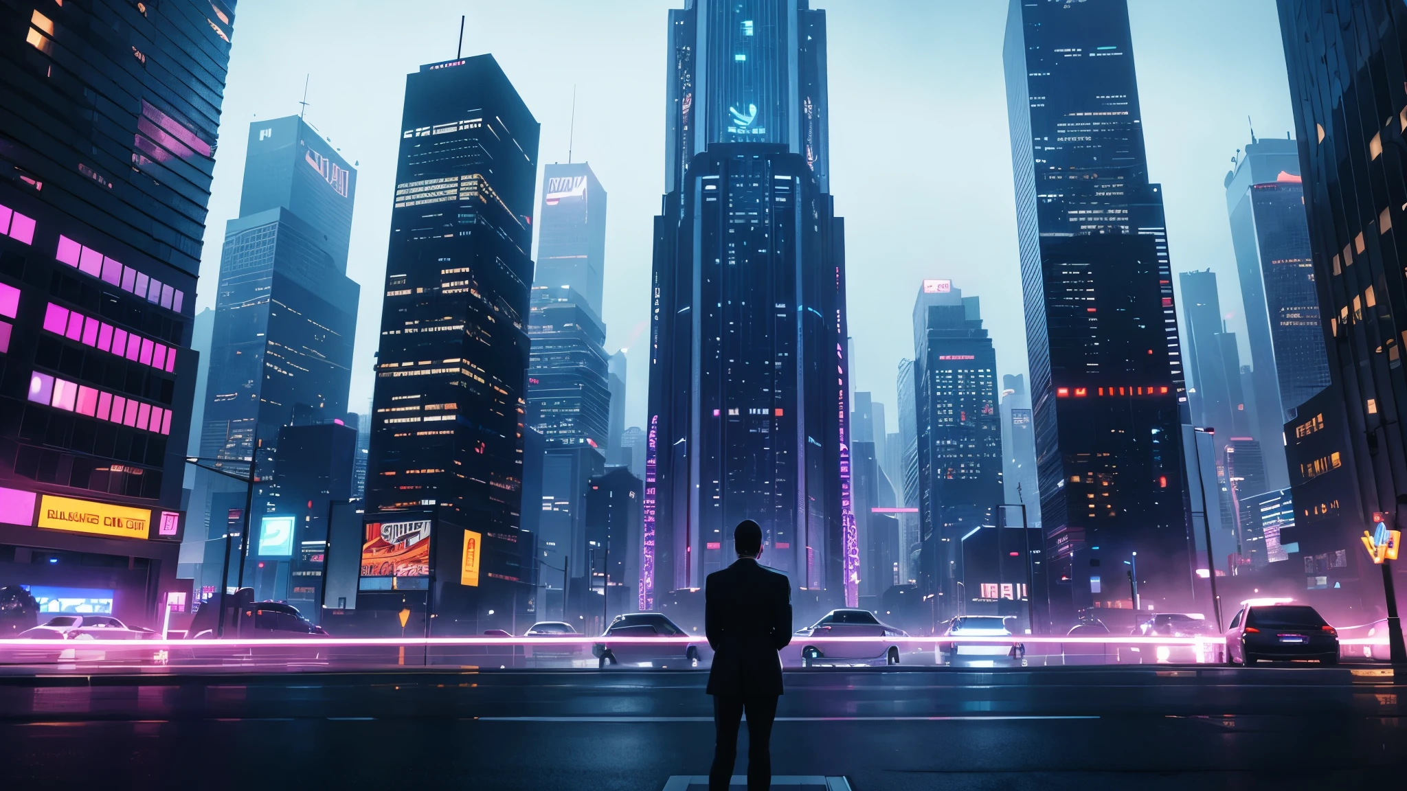 Imagine a futuristic city at night, with tall skyscrapers and neon lights glowing in shades of blue and purple, reflecting on the rain-soaked streets. Flying cars pass between buildings, as drones patrol the sky. En el centro de la imagen, a group of shadowy figures dressed in stylish, modern suits, all with serious expressions, are in an alley lit only by the dim lights of digital billboards. The scene is tense, with suitcases of cash and advanced weapons being exchanged. Ao fundo, you can see the logo of a powerful corporation, hinting at the presence of the mafia in every aspect of the city.