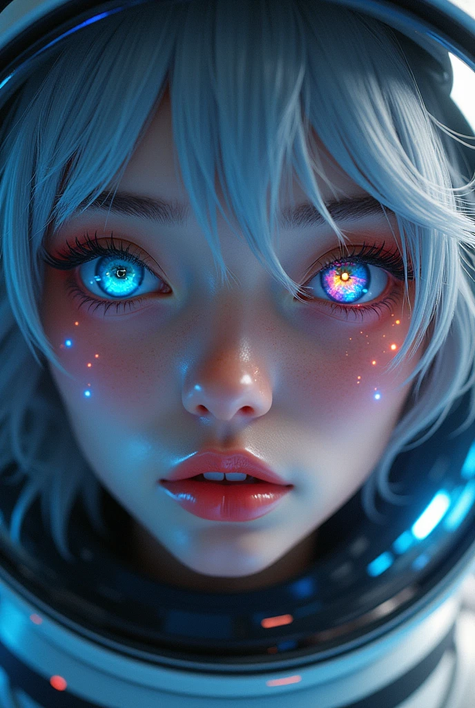 (Close-up of a better masterpiece:1.5)0.9], (Space and astronauts:1.2) (Messy silver hair:1.1) (Heterochromia xanthochromia and blue eyes:1.2) (Space Helmet:1.0) (Colored stars in the eyes:1.0) (A radiant glow:1.1) (thick lips:0.9)