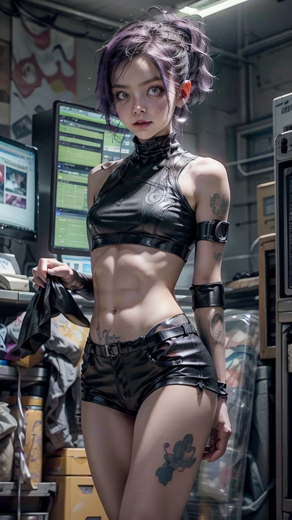 A hot cute young woman dressed in sexy cyberpunk clothes, facing camera, a little smile, standing in front of a wall of computers, intricate designs, Smokey room, Celtic tribal tattoos, ((purple eye iris, flat chested, toned abs, baby face)), (intense colors), undercut purple hair with ponytail, cyberpunk background, dressed in cyberpunk leather clothes, cameltoe showing, puffy vulva