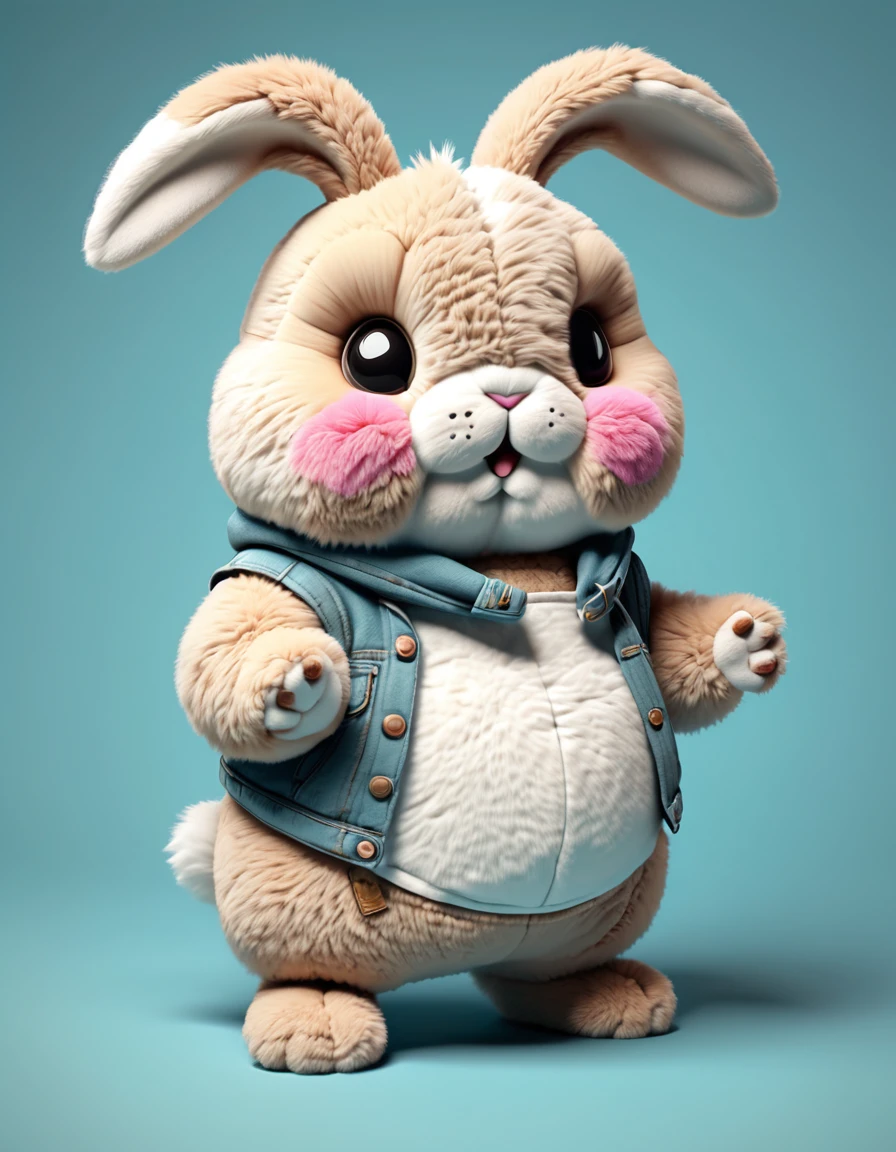 Design a 3D plush-style chubby cute rabbit (standing) character with a soft, furry texture. The character should have a distressed, vintage look with patches and stitches, and feature a muted, sepia-toned color palette, Vaporwave color