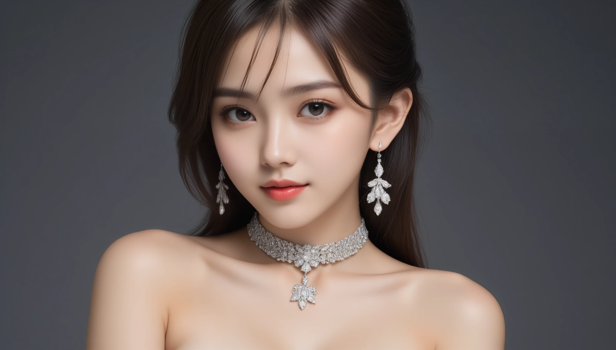8k, Ultra-high resolution, Highest quality, masterpiece, 三分割法によるphotograph,Surreal, photograph, 1 Girl, (16 years old:1.3), pretty girl, Cute Face, 細部までBeautiful Eyes, 細かくdetailedに,masterpiece,One Girl:1.2,Japanese female announcer,close up,light smile,Black Hair,Feathered hair,Super Beautiful Girl 4,((1 girl:1.4)),Shine, Natural skin texture、(Stylish clothes:1.4),(The finest ceremonial attire),Attractive girl、16 years old、(Perfect female body:1.4)、(女の子のポートレートphotograph:1.4)、(Photorealistic images:1.4),Fantasy art,(Beautiful Face:1.4)、Beautiful breasts,Beautiful and attractive eyes、Beautiful Eyes、(Tight waist:1.4)、(9 Beautiful girls with perfect body proportions:1.4),Red lips,(choker:1.4、necklace:1.4、Earrings:1.4),Looking at the audience,(((Ideal body type))),A-cup small breasts :2,、Portraiture:2、Perfect Anatomy、鮮明なdetailed、detailed,Fashion magazine cover,Thin lips,Gray background ,完璧でBeautiful Face ,完璧でCute Face, Skin with attention to detail, Perfect limbs、Narrow waist,Looking at the audience,(((Ideal body type))),A cup small breasts :2,Portraiture:2,Perfect Anatomy,鮮明なdetailed,detailed,Surreal,Light and shadow,spotlight
