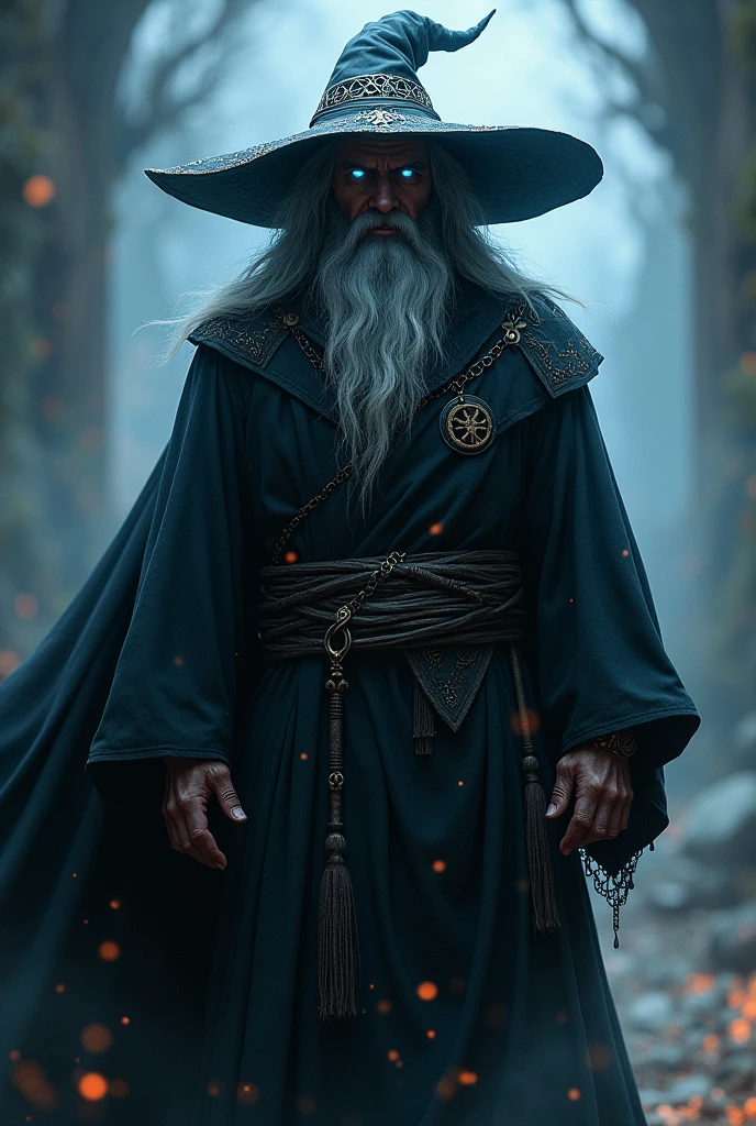 Human wizard with vibrant blue eyes, black robe, Big hat,