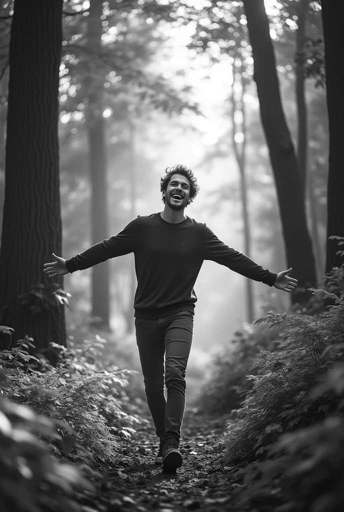 Make a black and white image of a young man happy to live and who walks backwards through a forest full of beautiful trees without any worries