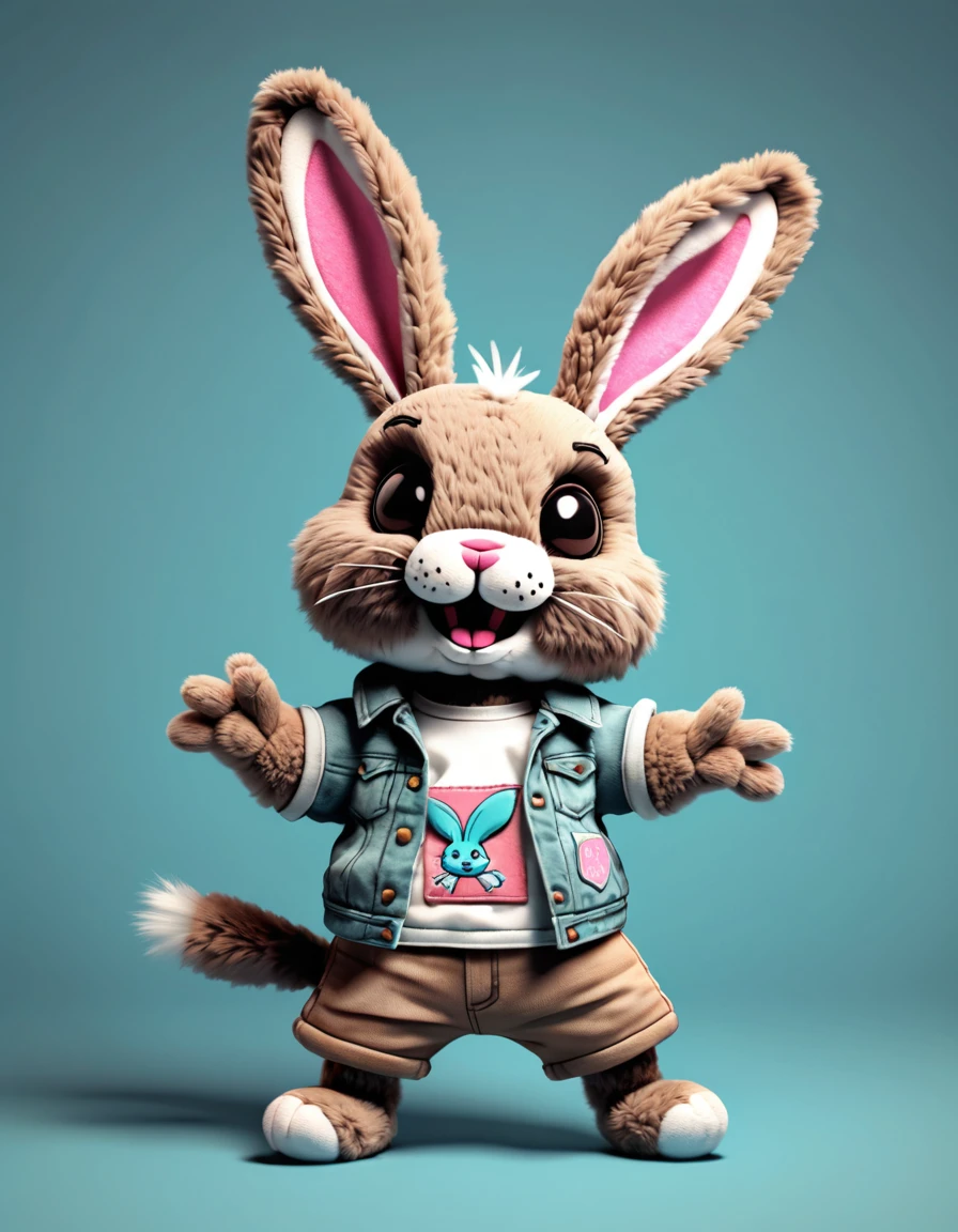 Design a 3D plush-style bad rabbit (dancing) character with a soft, furry texture. The character should have a distressed, vintage look with patches and stitches, and feature a muted, sepia-toned color palette, Vaporwave color