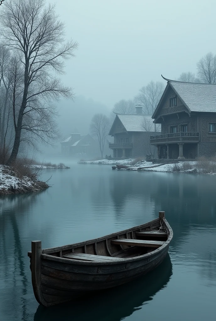 Background with a large round winter lake and an empty boat , facing the screen , in the background are carved old wooden houses like in ancient Rus&#39; with people on balconies with fog and dark sky 