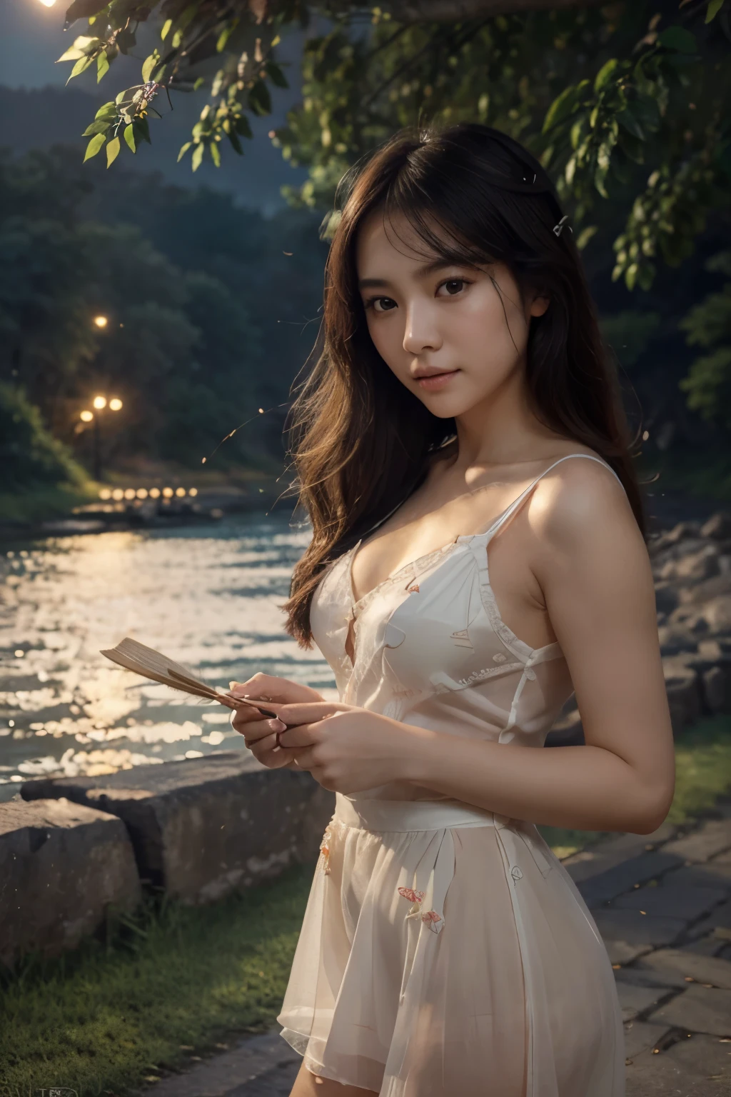 original, (masterpiece), (illustration), (extremely fine and beautiful), (perfect details), (CG unit wallpaper 8K:1.05), (Beautiful and clear background:1.25), (depth of field:0.7),1 girl,huanxiaoyi , (It is located next to the river:1.15).(hair blowing in the wind:1.1),butterflies flying around, (Moonlight:0.6), tree, (summer), (evening:1.2), (close up:0.35), (gloves:0.8), Alone ,