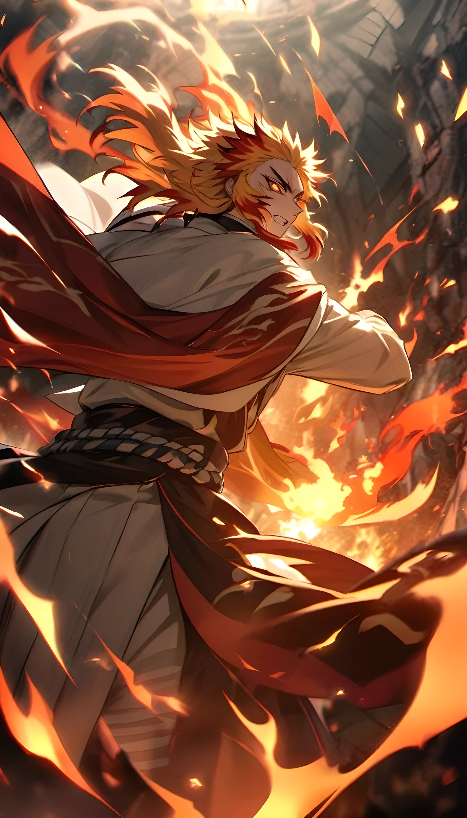 a dynamic and vivid portrayal of Rengoku Kyojuro, the Fire Hashira from "Demon Slayer." He should be depicted in the midst of an intense battle, his stance powerful and confident, embodying his unwavering spirit and commitment to protecting humanity. His haori, with its distinctive flame pattern, billows dramatically in the wind, as if alive with the fire he commands. His Nichirin Blade should be ablaze with flames, cutting through the air with fierce determination. Rengoku's expression should be one of fiery resolve, with his golden eyes shining brightly, reflecting his burning passion and indomitable will. Surround him with an environment that emphasizes his fiery nature—perhaps a backdrop of a burning forest or a scene of destruction where flames dance around him, creating a stark contrast between the warmth of the fire and the coldness of battle. The overall atmosphere should convey a sense of heroism, courage, and the relentless fight against darkness. The colors should be bold and vibrant, focusing on shades of red, orange, and gold to highlight the intensity of the flames and Rengoku's fiery aura.