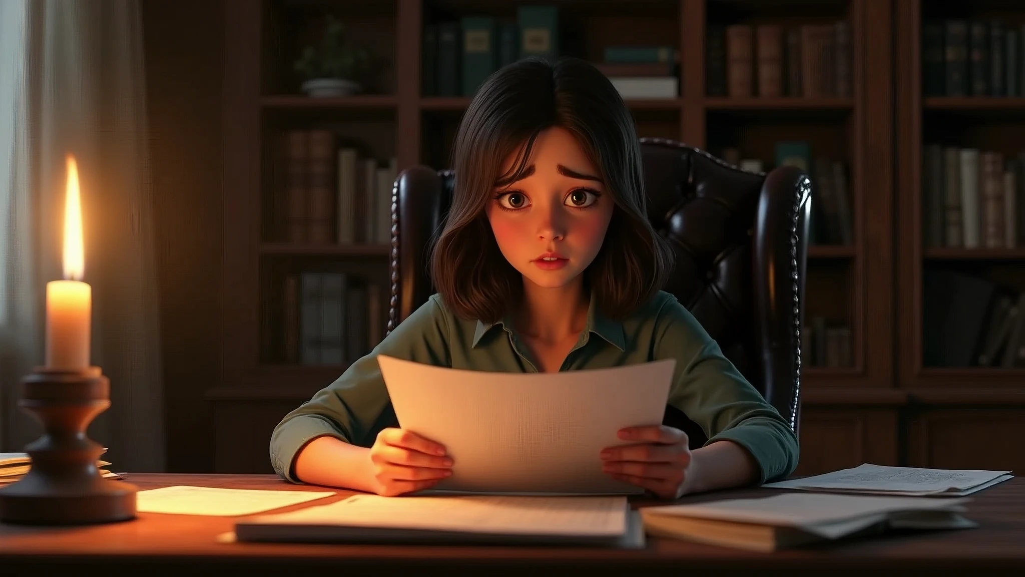 Clara receiving an ominous message or warning, shock and realization on her face, in her dimly lit study, inspired by Pixar, Disney. 