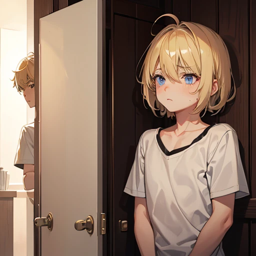 A boy halfway in transforming into a blonde girl, scared look, serounded by boys, in pain