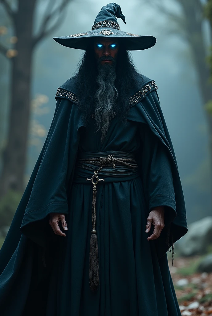 Human wizard with vibrant blue eyes, black robe, Big hat,